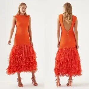 Aje Rushes Raffia Trimmed Ribbed Stretch Knit Dress Orange